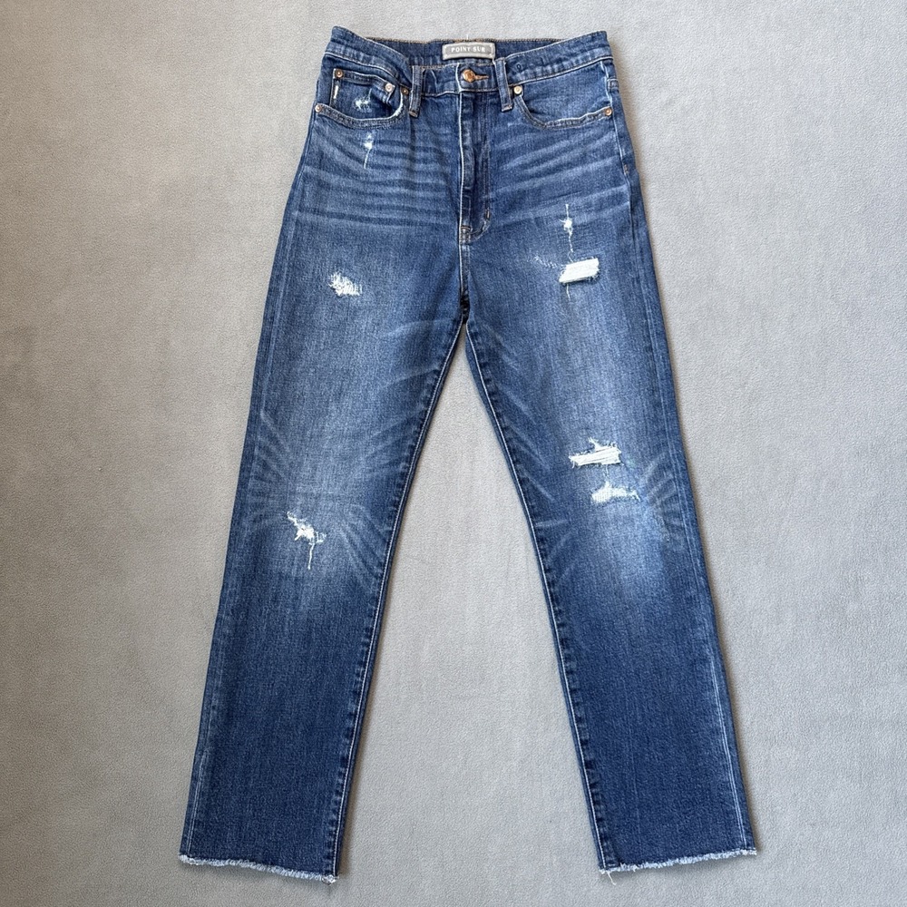 Point Sur‎ Jeans Womens 27 Blue High Rise Slim Boy Distressed Patched Raw Hem